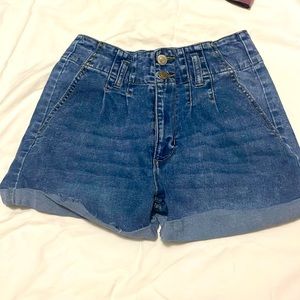 Denim shorts double button elastic waistband